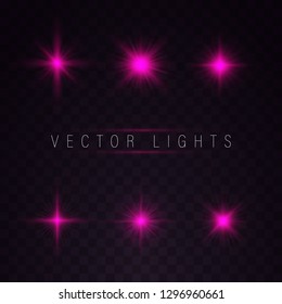 Set of light pink sparkles on a transparent background vector. Glowing purple, pink light effects isolated on transparent background. Lens flare, explosion, glitter, line, sun flash, spark and stars.