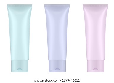 Set of light pink, violet and blue plastic tubes. Hand cream, mask or lotion. Mint, lavender or lilac gel. Professional shampoo. 3d mockup.