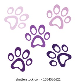 Set light purple paws vector shape multicolored icon, animal paw icons isolated, graphic footprint, simple pets element illustration