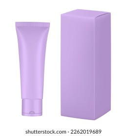 Set of light purple plastic tube and box. Realistic mockup. Ointment or salve. Gel serum. Korean packaging. Blank cardboard package	