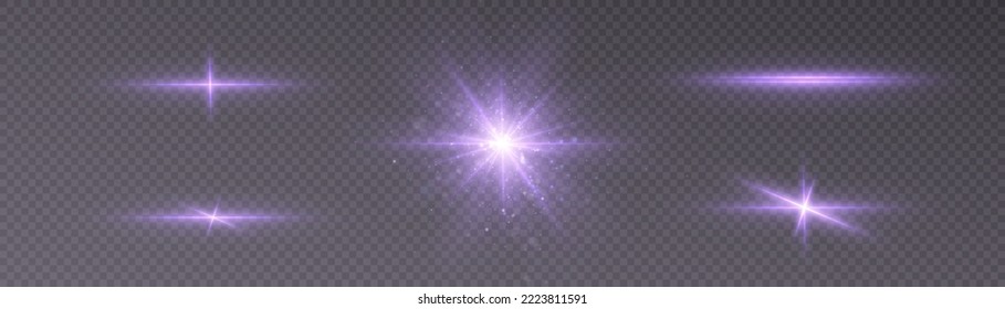 Set of light purple stars. Flash of sunlight. Purple shimmer. Concert lighting for design decoration.