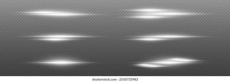 Set of light rays and flashes, horizontal lines effect. On a transparent background.