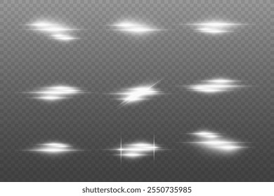 Set of light rays and flashes, horizontal lines effect. On a transparent background.