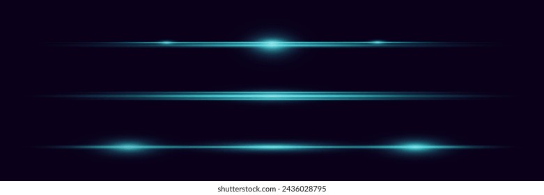 Set of light rays. Lines of light and glare. Neon horizontal highlights.