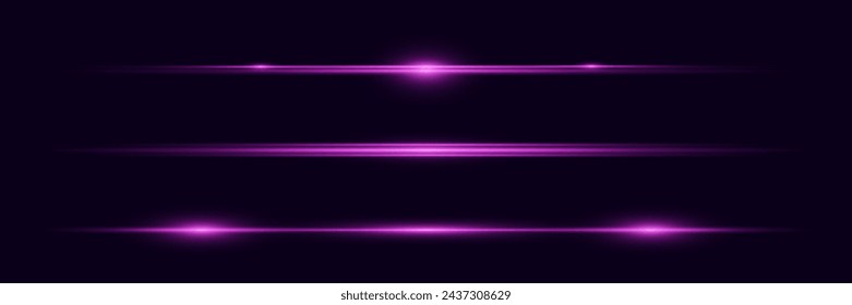 Set of light rays. Lines of light and glare. Neon horizontal highlights.