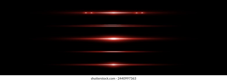 Set of light rays. Lines of light and glare. Neon horizontal highlights.