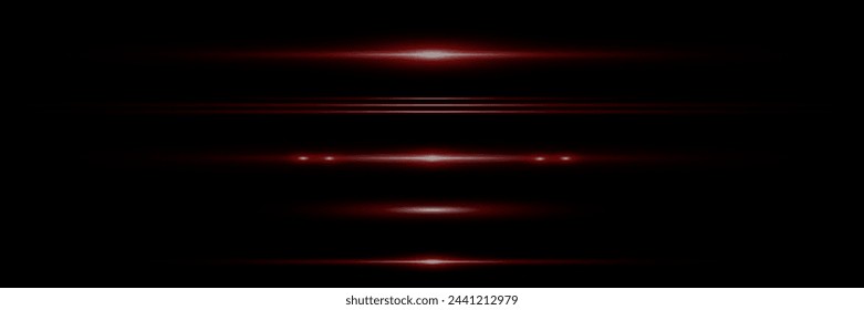 Set of light rays. Lines of light and glare. Neon horizontal highlights.