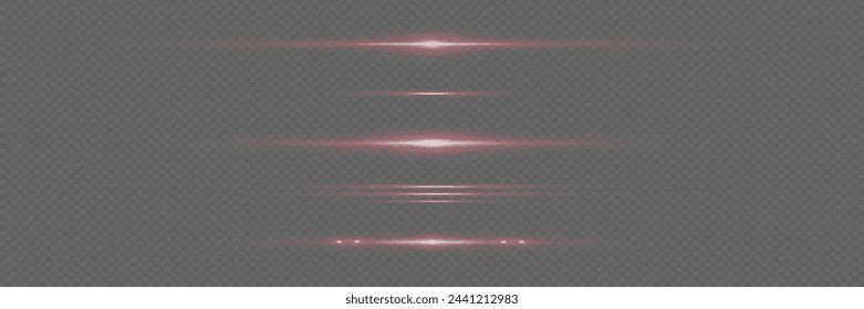 Set of light rays. Lines of light and glare. Neon horizontal highlights.