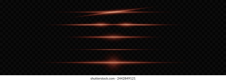 Set of light rays. Lines of light and glare. Neon horizontal highlights.