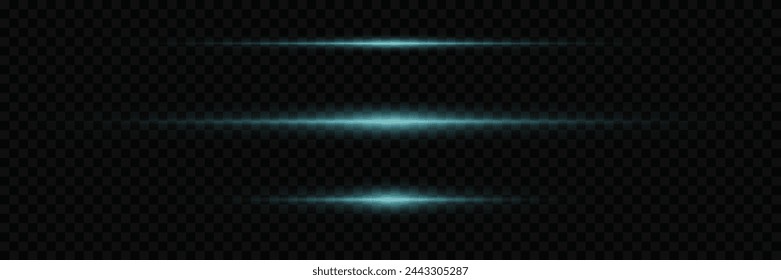 Set of light rays. Lines of light and glare. Neon horizontal highlights.