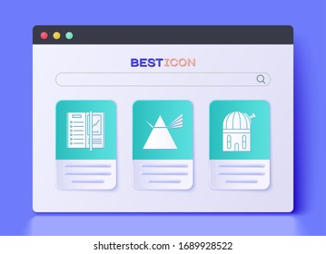 Set Light rays in prism, Notebook and Astronomical observatory icon. Vector
