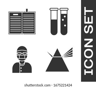 Set Light rays in prism, Open science book, Assistant and Test tube and flask chemical laboratory icon. Vector