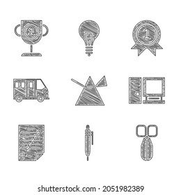 Set Light rays in prism, Pen, Scissors, Computer monitor, Exam paper with incorrect answers, School Bus, Medal and Award cup icon. Vector