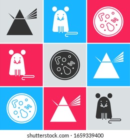 Set Light rays in prism, Rat and Bacteria icon. Vector
