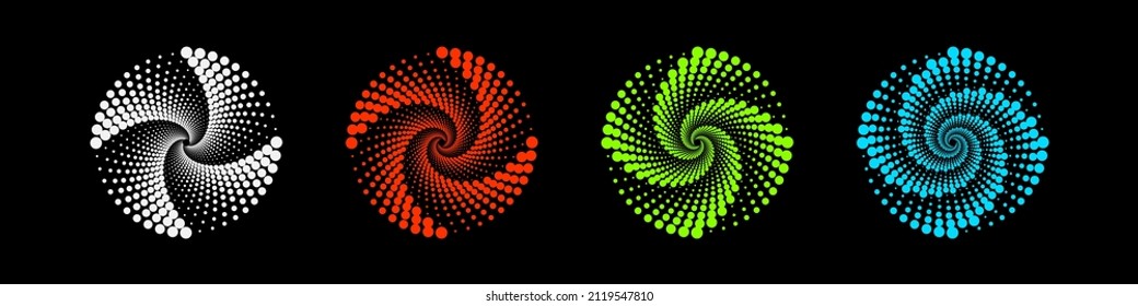 Set Of Light Rays Sunburst. Colorful Dots Pattern Radial Rays Of Sun Isolated On Black Background. Flat Vector Design Template Elements.