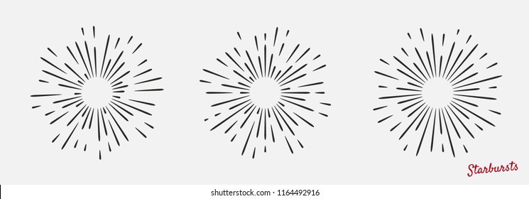 Set of light rays, sunburst. Design elements, modern design. 3 sunbursts isolated on white background. Vector Illustration