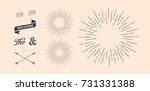 Set of light rays, sunburst and rays of sun. Design elements, linear drawing, vintage hipster style. Light rays sunburst, arrow, ribbon, and, for, the and ampersand. Vector Illustration