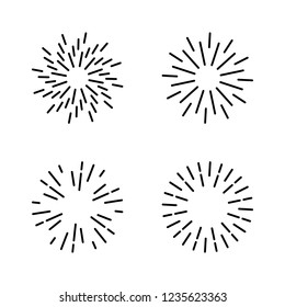 Set of light rays, sunburst and rays of sun. Design elements, linear drawing, vintage hipster style. Light rays sunburst, arrow, ribbon Vector Illustration