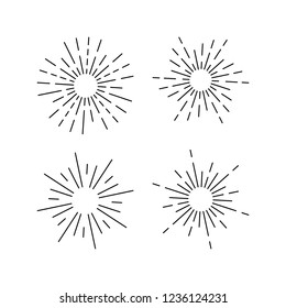 Set of light rays, sunburst and rays of sun. Design elements, linear drawing, vintage hipster style. Light rays sunburst, arrow, ribbon Vector Illustration