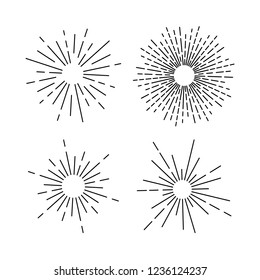 Set of light rays, sunburst and rays of sun. Design elements, linear drawing, vintage hipster style. Light rays sunburst, arrow, ribbon Vector Illustration