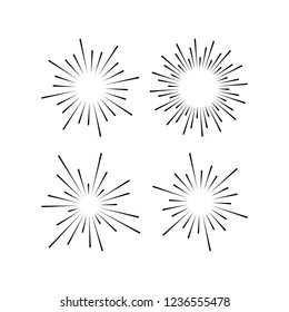 Set of light rays, sunburst and rays of sun. Design elements, linear drawing, vintage hipster style. Light rays sunburst, arrow, ribbon Vector Illustration