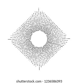 Set of light rays, sunburst and rays of sun. Design elements, linear drawing, vintage hipster style. Light rays sunburst, arrow, ribbon Vector Illustration
