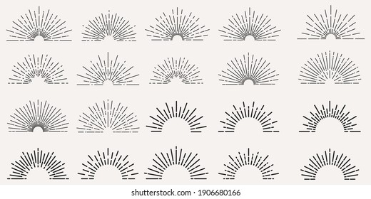 Set of light rays, sunburst and rays of sun. Design elements, linear drawing, vintage hipster style. Light rays sunburst, Vector icon Illustration