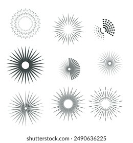 Set of light rays, sunburst and rays of sun. Design elements, linear drawing, vintage hipster style. Light rays sunburst, arrow, ribbon, and, for, the and ampersand. Vector Illustration