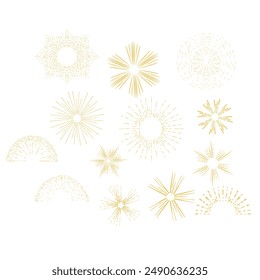Set of light rays, sunburst and rays of sun. Design elements, linear drawing, vintage hipster style. Light rays sunburst, arrow, ribbon, and, for, the and ampersand. Vector Illustration