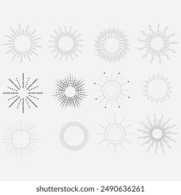 Set of light rays, sunburst and rays of sun. Design elements, linear drawing, vintage hipster style. Light rays sunburst, arrow, ribbon, and, for, the and ampersand. Vector Illustration