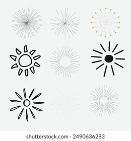 Set of light rays, sunburst and rays of sun. Design elements, linear drawing, vintage hipster style. Light rays sunburst, arrow, ribbon, and, for, the and ampersand. Vector Illustration