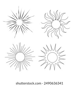 Set of light rays, sunburst and rays of sun. Design elements, linear drawing, vintage hipster style. Light rays sunburst, arrow, ribbon, and, for, the and ampersand. Vector Illustration
