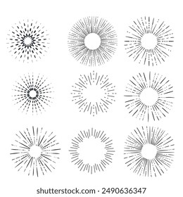 Set of light rays, sunburst and rays of sun. Design elements, linear drawing, vintage hipster style. Light rays sunburst, arrow, ribbon, and, for, the and ampersand. Vector Illustration