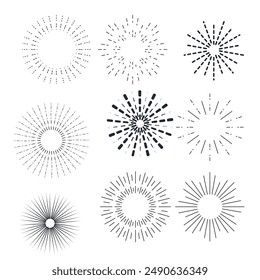 Set of light rays, sunburst and rays of sun. Design elements, linear drawing, vintage hipster style. Light rays sunburst, arrow, ribbon, and, for, the and ampersand. Vector Illustration