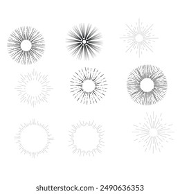 Set of light rays, sunburst and rays of sun. Design elements, linear drawing, vintage hipster style. Light rays sunburst, arrow, ribbon, and, for, the and ampersand. Vector Illustration