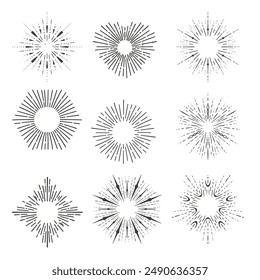 Set of light rays, sunburst and rays of sun. Design elements, linear drawing, vintage hipster style. Light rays sunburst, arrow, ribbon, and, for, the and ampersand. Vector Illustration