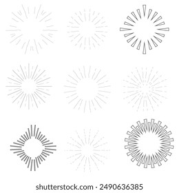 Set of light rays, sunburst and rays of sun. Design elements, linear drawing, vintage hipster style. Light rays sunburst, arrow, ribbon, and, for, the and ampersand. Vector Illustration