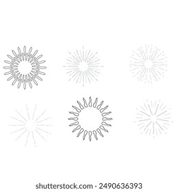 Set of light rays, sunburst and rays of sun. Design elements, linear drawing, vintage hipster style. Light rays sunburst, arrow, ribbon, and, for, the and ampersand. Vector Illustration