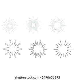 Set of light rays, sunburst and rays of sun. Design elements, linear drawing, vintage hipster style. Light rays sunburst, arrow, ribbon, and, for, the and ampersand. Vector Illustration
