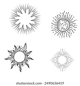 Set of light rays, sunburst and rays of sun. Design elements, linear drawing, vintage hipster style. Light rays sunburst, arrow, ribbon, and, for, the and ampersand. Vector Illustration