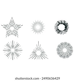 Set of light rays, sunburst and rays of sun. Design elements, linear drawing, vintage hipster style. Light rays sunburst, arrow, ribbon, and, for, the and ampersand. Vector Illustration