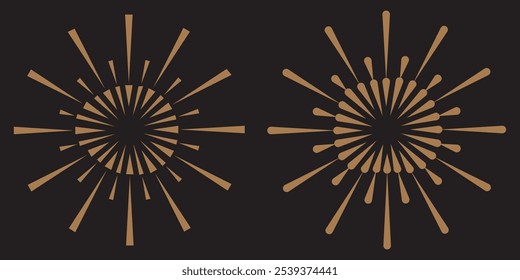Set of light rays, sunburst and rays of sun. Design elements, linear drawing, vintage hipster style. Set light rays sunburst different size and saturation on light backround. Vector Illustration