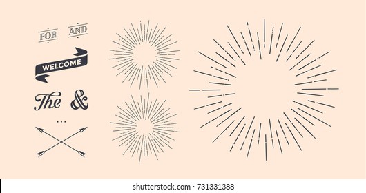 Set of light rays, sunburst and rays of sun. Design elements, linear drawing, vintage hipster style. Light rays sunburst, arrow, ribbon, and, for, the and ampersand. Vector Illustration