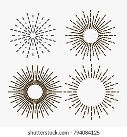 Set of light rays, sunburst and rays of sun. Design elements, linear drawing, vintage hipster style. Set light rays sunburst different size and saturation on light backround. Vector Illustration.
