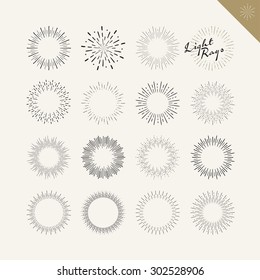 Set of light rays vintage design elements. Vector hand drawn sunburst elements for graphic and web design.     