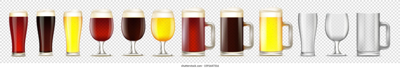 Set of light, red and dark beer in glasses and mugs. Template isolated on a transparent background.