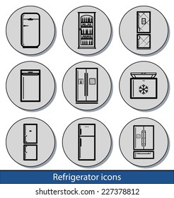 Set of light refrigerator icons with reflection line and thin lines
