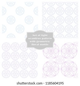 Set of light seamless patterns with geometric floral motifs