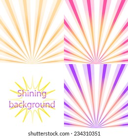 Set of  light and shining backgrounds with sun rays on the  orange, pink,  purple dawn