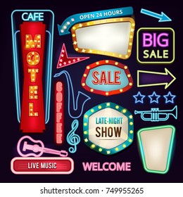 Set of light signs, boards and arrows. Retro neon banners for advertising. Neon billboard, arrow banner and vintage show advertising. Vector illustration